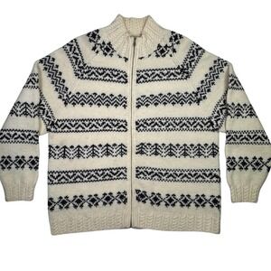 Vtg Jones New York Country Hand Knit 100% Wool Zip Sweater Nordic Fair Isle L